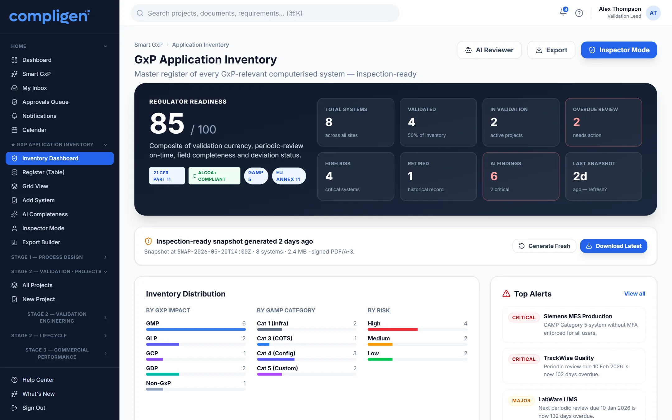GxP Application Inventory — cGen AI-native computer system validation platform screenshot